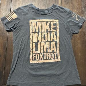 Grunt Style Gray and Cream Short Sleeve Tee with Bold Text and American Flag
